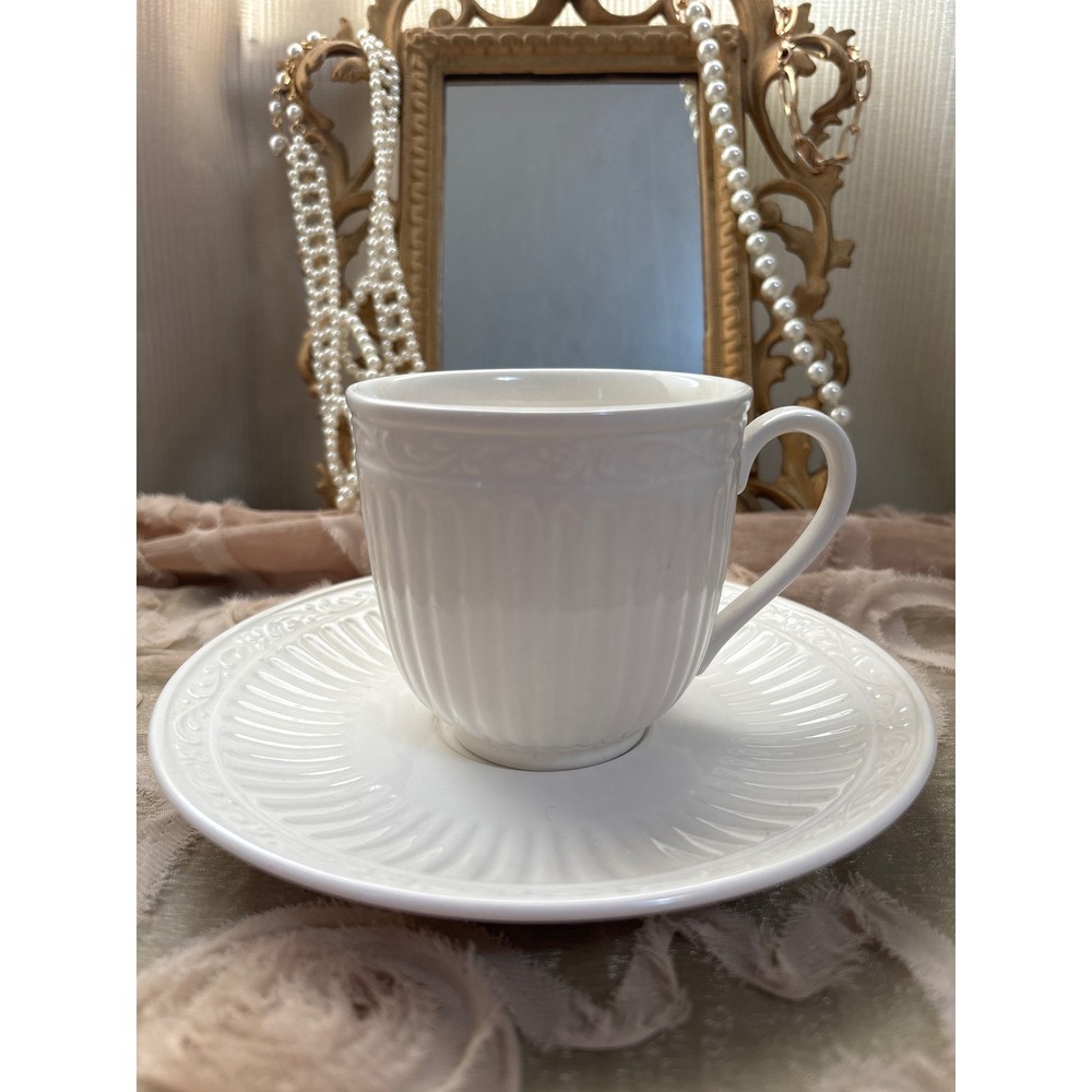 Mikasa Italian Countryside DD900 Cup and Saucer Set, Embossed‎ White Porcelain